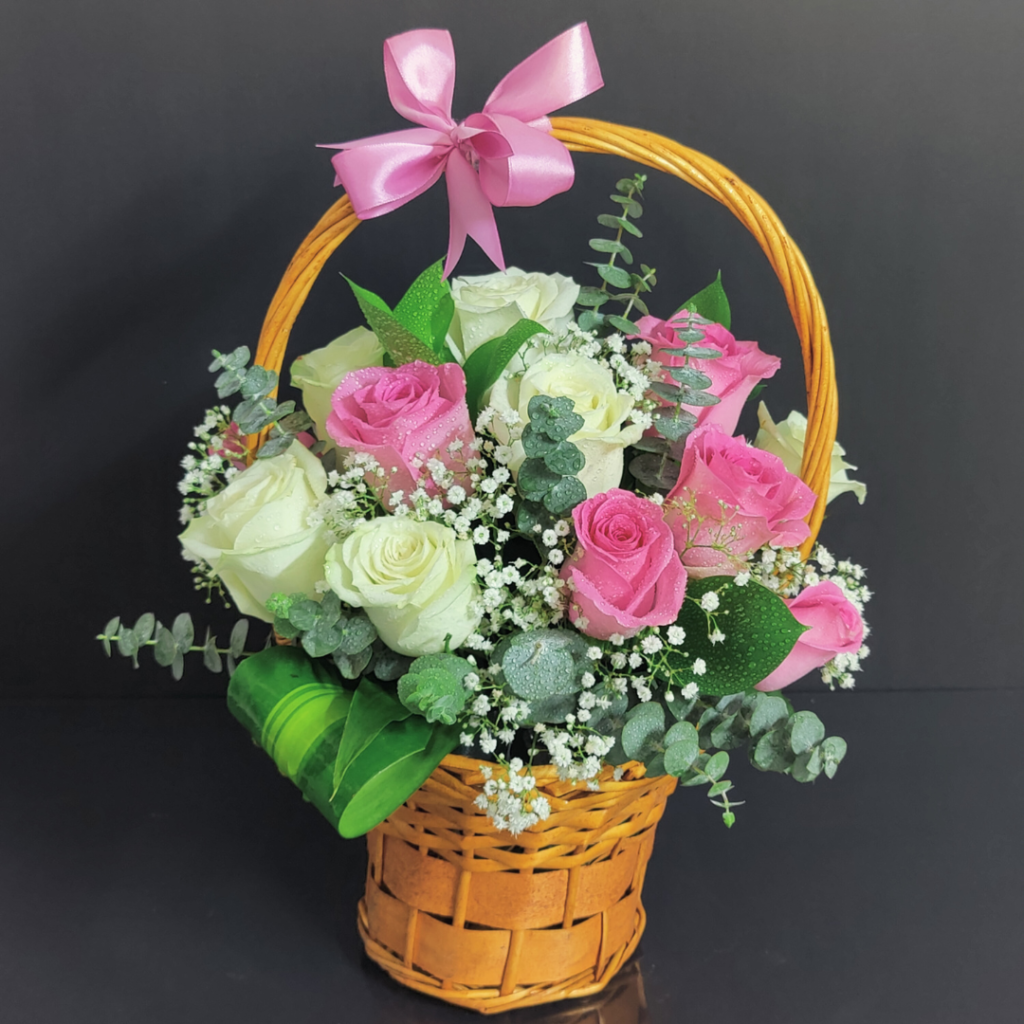 Pink White Basket Medium Size for Delivery | Russian Style Flower