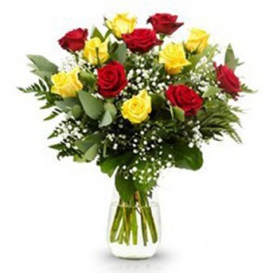 12 Yellow Red Roses in Vase with Greens