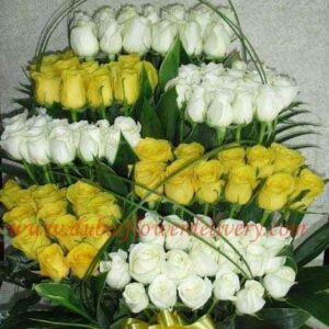 100 Yellow White Roses Basket