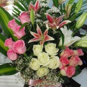 Basket of Lilies Roses Pink White