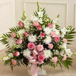 pink white flowers basket