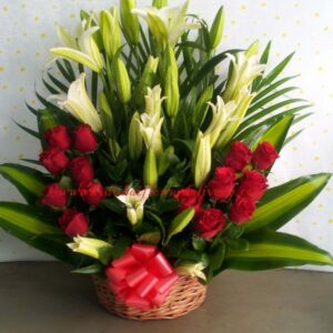 Red roses & white lilies basket