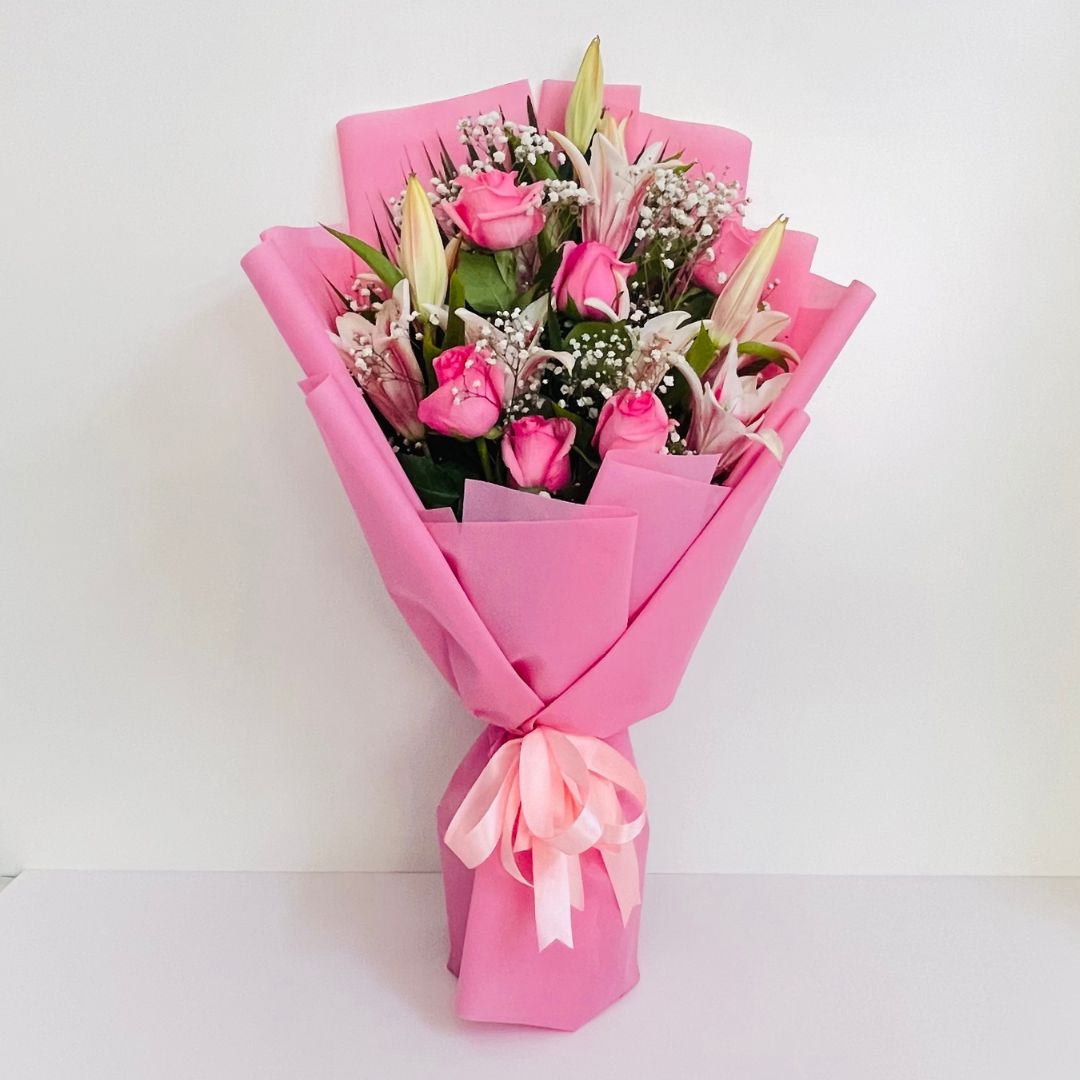 Really Vibrant Pink Lilies Roses Bouquet
