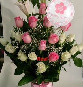 Pink White Roses Lilies For New Born Baby Girl in Dubai
