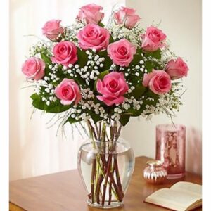 12 pink roses vase