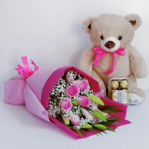 pink roses lilies teddy chocolates