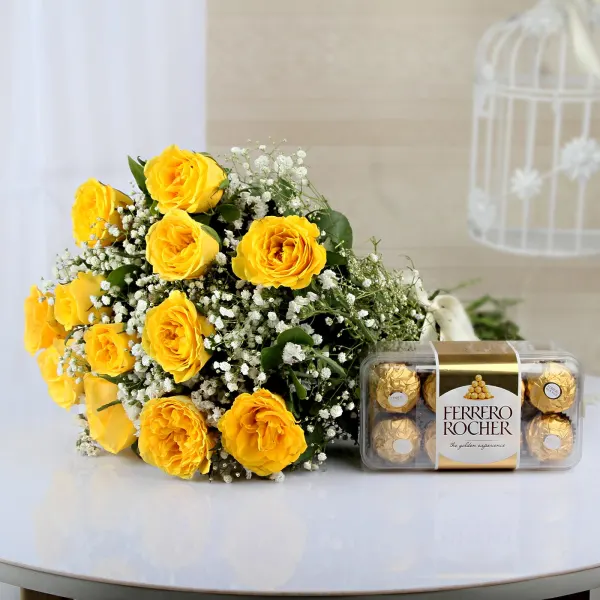 12 yellow roses with chocolates