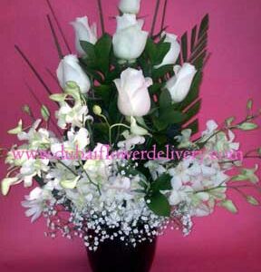 Awed Beauty - White Roses Orchids from Real Flowers
