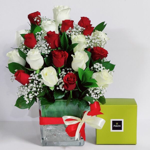 roses vase and Patchi chocolates