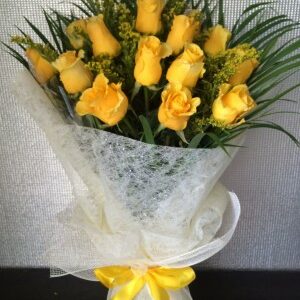12 Yellow Roses Hand Bouquet decorated with Green fillers