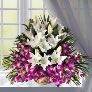 White purple flowers basket