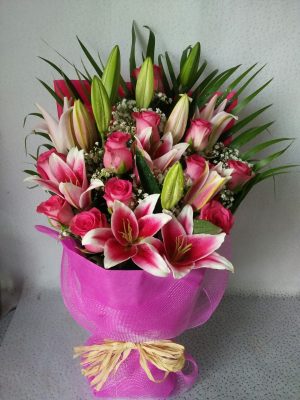 Pink Lilies Roses Bouquet