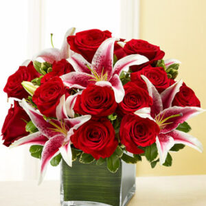 Red Roses & Pink Lillie's vase