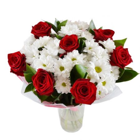 Red Roses & white Chrysanthemum