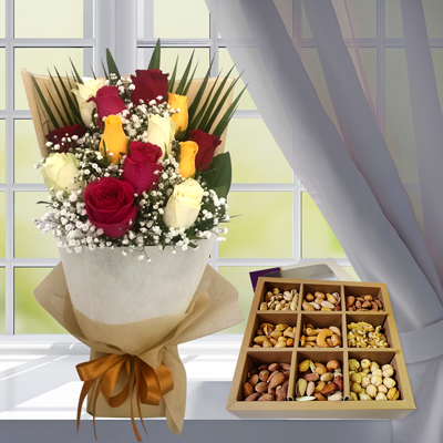 Bouquet of Roses with Nuts Mix Tray Pack