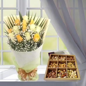 Yellow White Roses Bouquet and Nuts Pack