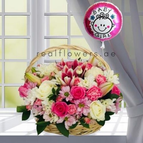 Pink Flowers Basket and Balloon