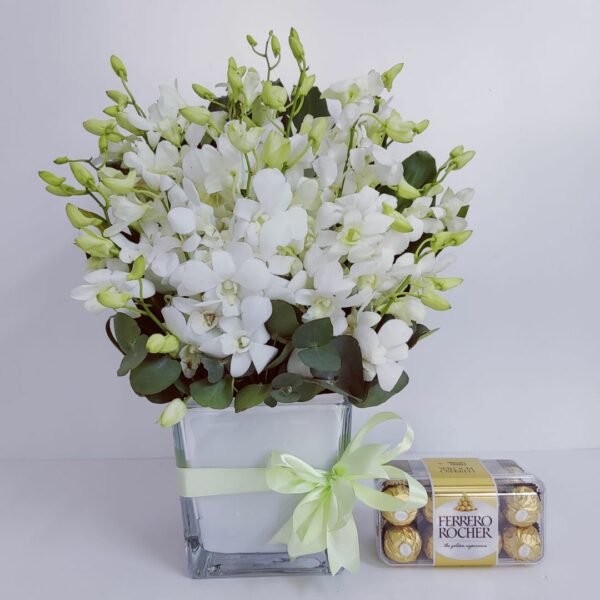 20 White Orchids Vase with Chocolates