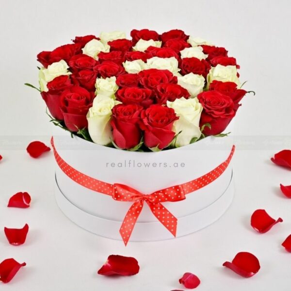 30 Red White Roses Box Arrangement