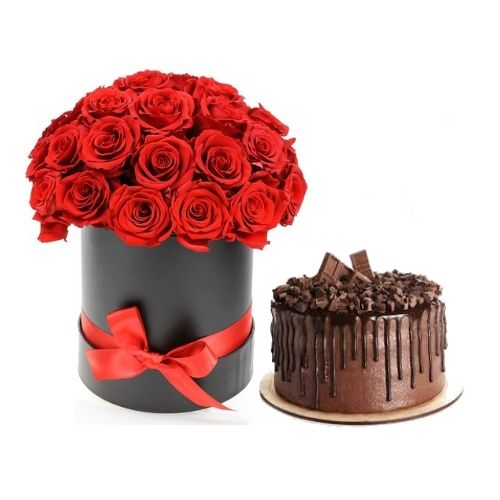 Box of Red Roses and Chocolate Cake
