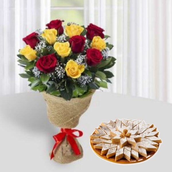 Bouquet of Roses and Kaju katli Sweets