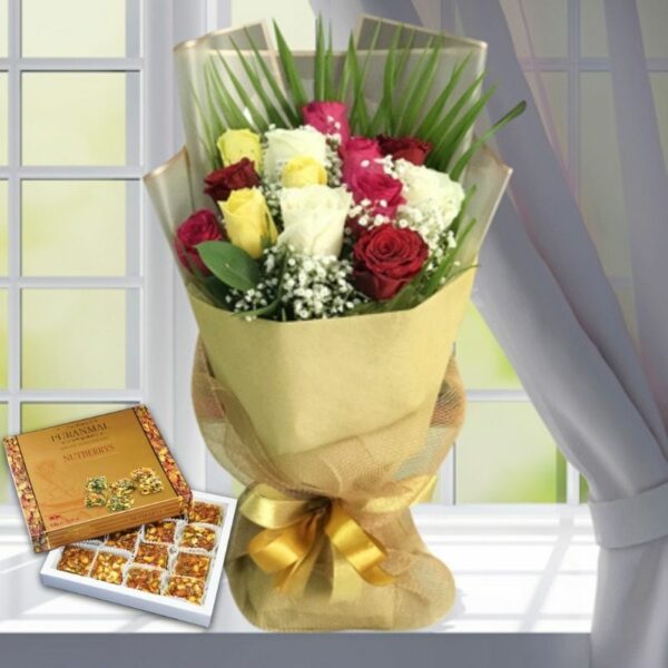 Bouquet of Roses and Anjeer Barfi