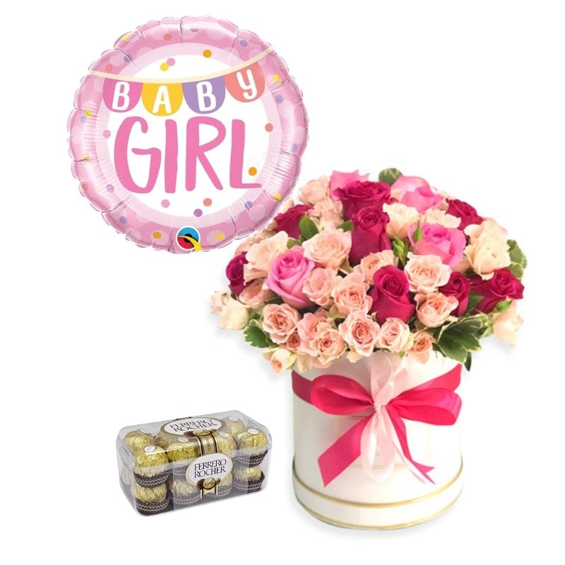 Flowers for Baby Girl with Balloon and Chocolates