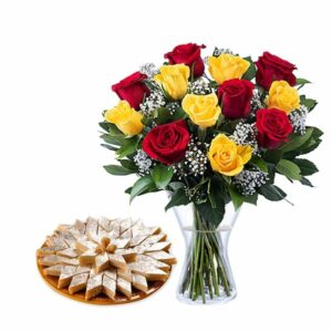 12 Red Yellow Roses in Vase and Kaju Katli Combo