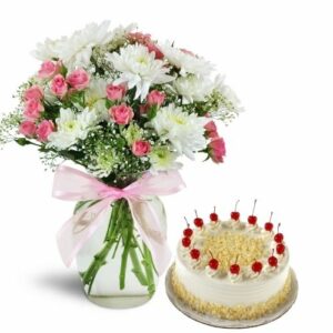 Send Flowers in Vase and Cake Online