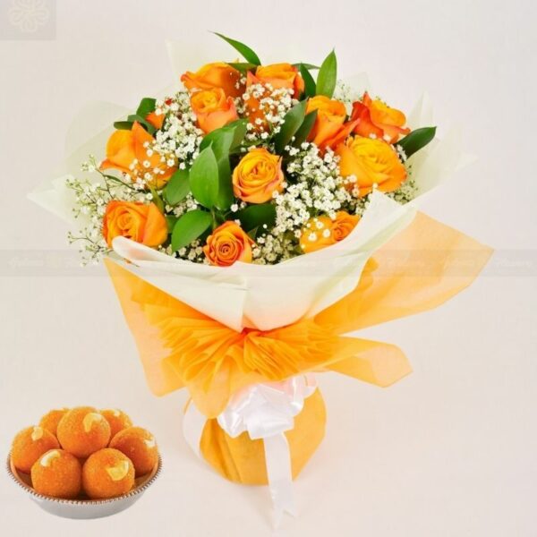 Orange Roses Bouquet and Laddoo Diwali Gift