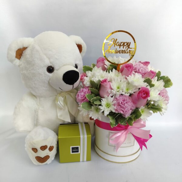 pink white flowers box teddy chocolates