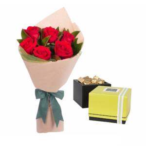 6 Red Roses Stylish Bouquet and Chocolates