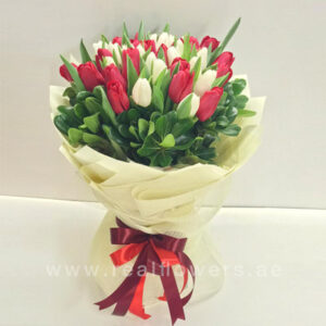 30 Red and White Tulips Bouquet Online
