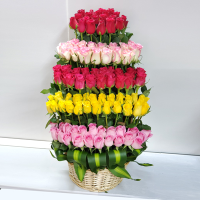 100 Mix Color Roses Basket Arrangement