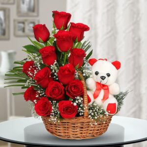 Red Roses Teddy Bear in Basket