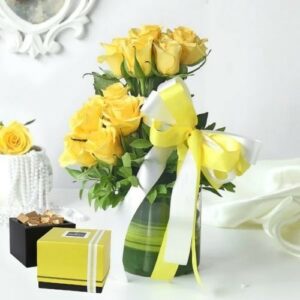 Yellow Roses Vase and Patchi Chocolate Box Online