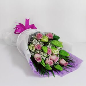 Purple Roses and White Lilies Bouquet Online