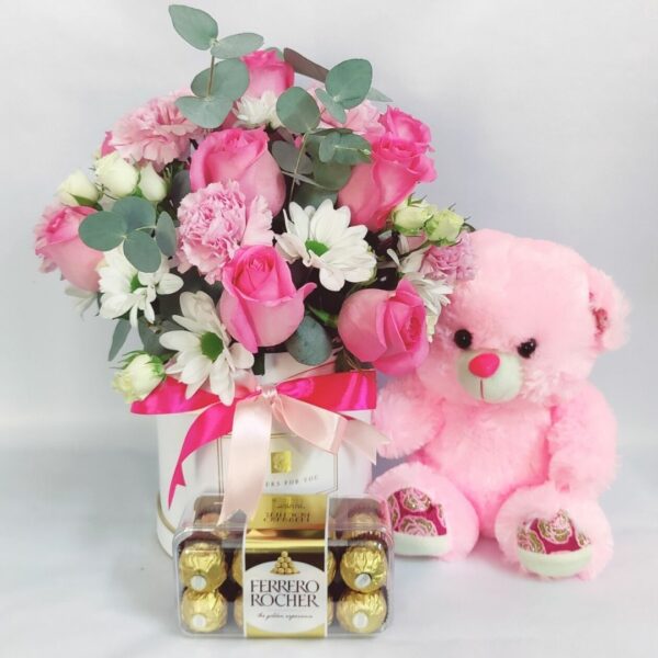 pink flowers box teddy chocolates