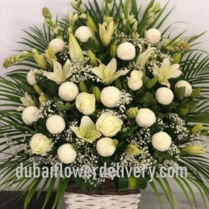 white flowers basket