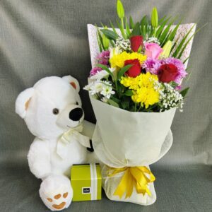 mixed flowers, teddy and chocolates