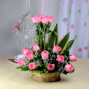 15 pink roses basket