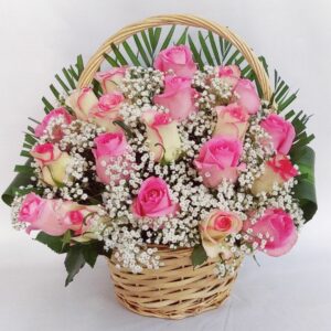 25 pink roses basket