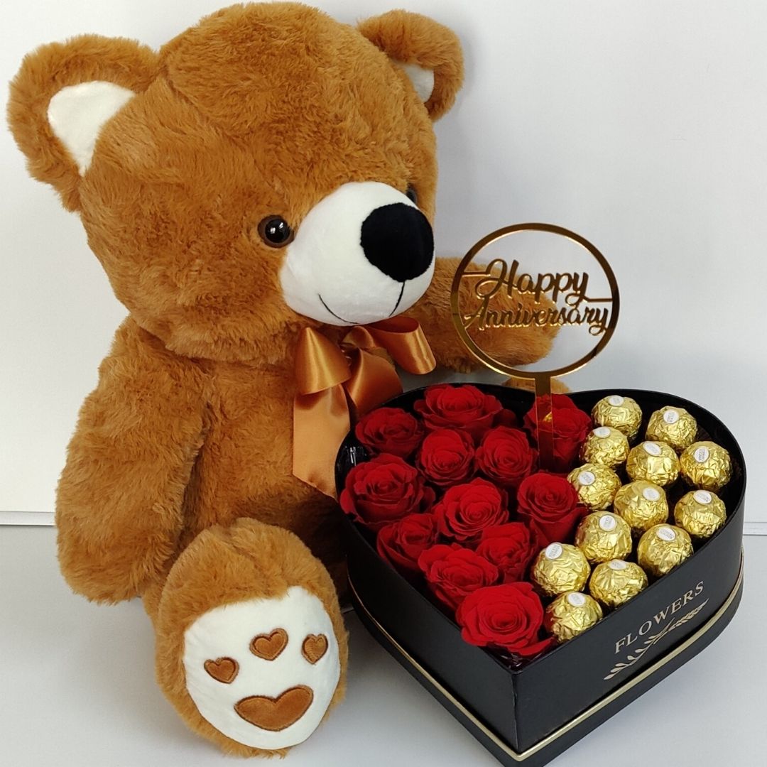 anniversary roses chocolates teddy