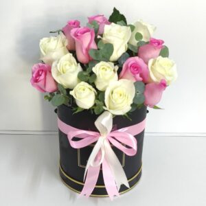 20 pink white roses box
