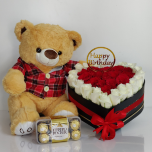 red white roses teddy chocolates