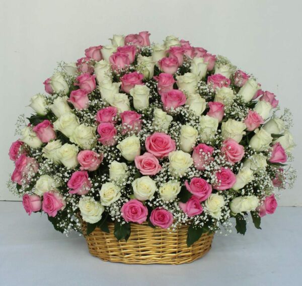 pink white roses basket