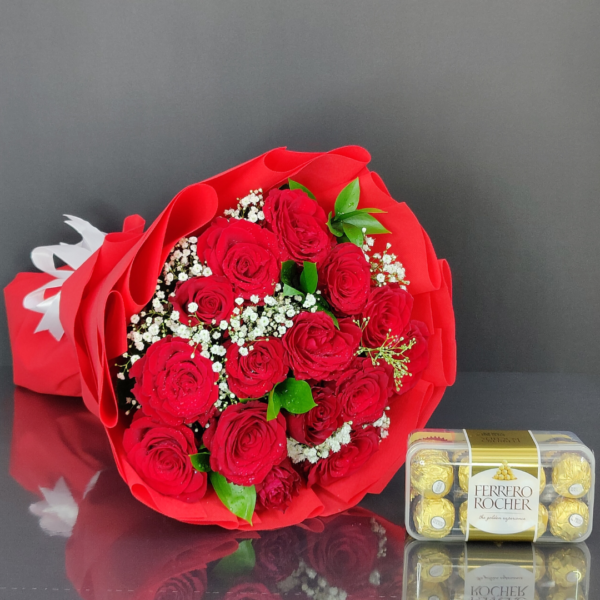 15 Red Roses Bouquet & Ferrero